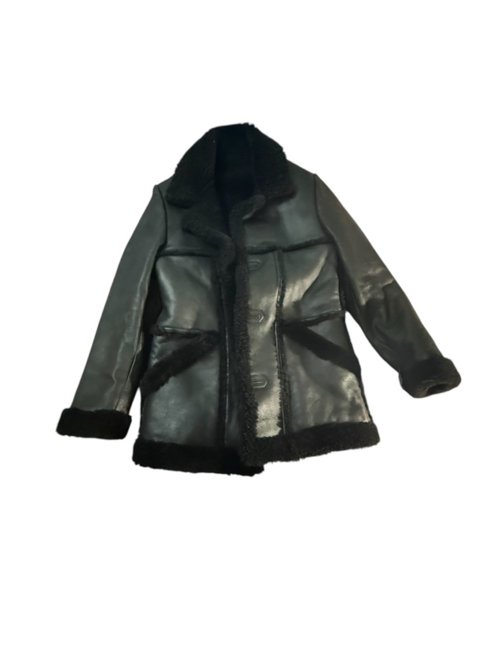 Pologeorgis Women's Black Shearling Trim mink Leather-Style Coat